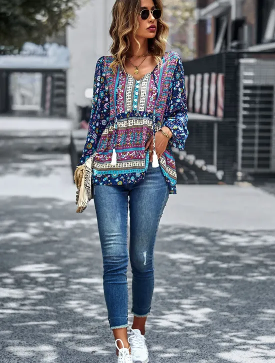 Best Women's Shirt Boho Shirt Lace Shirt Blouse Fashion Floral Lace up Print Long Sleeve Regular Tops V Neck Casual Holiday Red Navy Blue Blue Purple Green Spring & Fall Women Spring Tops|Boho Tops
