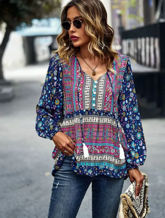 Best Women's Shirt Boho Shirt Lace Shirt Blouse Fashion Floral Lace up Print Long Sleeve Regular Tops V Neck Casual Holiday Red Navy Blue Blue Purple Green Spring & Fall Women Spring Tops|Boho Tops
