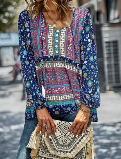 Best Women's Shirt Boho Shirt Lace Shirt Blouse Fashion Floral Lace up Print Long Sleeve Regular Tops V Neck Casual Holiday Red Navy Blue Blue Purple Green Spring & Fall Women Spring Tops|Boho Tops