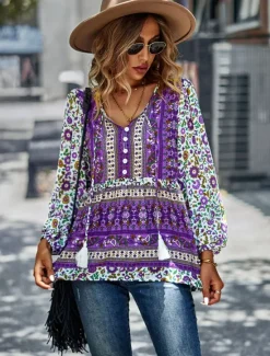Best Women's Shirt Boho Shirt Lace Shirt Blouse Fashion Floral Lace up Print Long Sleeve Regular Tops V Neck Casual Holiday Red Navy Blue Blue Purple Green Spring & Fall Women Spring Tops|Boho Tops