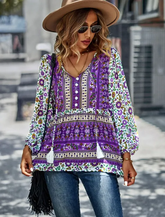 Best Women's Shirt Boho Shirt Lace Shirt Blouse Fashion Floral Lace up Print Long Sleeve Regular Tops V Neck Casual Holiday Red Navy Blue Blue Purple Green Spring & Fall Women Spring Tops|Boho Tops
