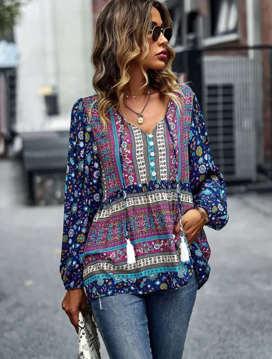 Best Women's Shirt Boho Shirt Lace Shirt Blouse Fashion Floral Lace up Print Long Sleeve Regular Tops V Neck Casual Holiday Red Navy Blue Blue Purple Green Spring & Fall Women Spring Tops|Boho Tops