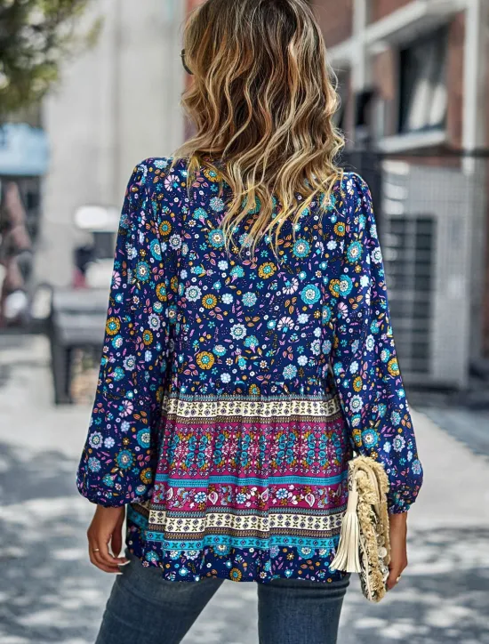 Best Women's Shirt Boho Shirt Lace Shirt Blouse Fashion Floral Lace up Print Long Sleeve Regular Tops V Neck Casual Holiday Red Navy Blue Blue Purple Green Spring & Fall Women Spring Tops|Boho Tops