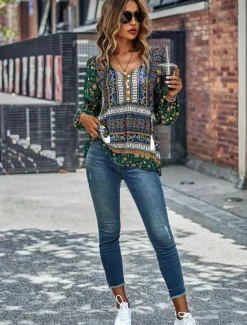 Best Women's Shirt Boho Shirt Lace Shirt Blouse Fashion Floral Lace up Print Long Sleeve Regular Tops V Neck Casual Holiday Red Navy Blue Blue Purple Green Spring & Fall Women Spring Tops|Boho Tops