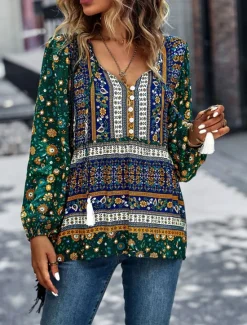 Best Women's Shirt Boho Shirt Lace Shirt Blouse Fashion Floral Lace up Print Long Sleeve Regular Tops V Neck Casual Holiday Red Navy Blue Blue Purple Green Spring & Fall Women Spring Tops|Boho Tops