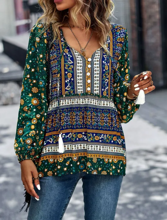 Best Women's Shirt Boho Shirt Lace Shirt Blouse Fashion Floral Lace up Print Long Sleeve Regular Tops V Neck Casual Holiday Red Navy Blue Blue Purple Green Spring & Fall Women Spring Tops|Boho Tops