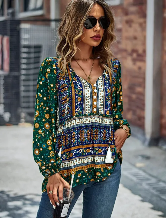 Best Women's Shirt Boho Shirt Lace Shirt Blouse Fashion Floral Lace up Print Long Sleeve Regular Tops V Neck Casual Holiday Red Navy Blue Blue Purple Green Spring & Fall Women Spring Tops|Boho Tops