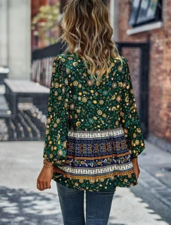 Best Women's Shirt Boho Shirt Lace Shirt Blouse Fashion Floral Lace up Print Long Sleeve Regular Tops V Neck Casual Holiday Red Navy Blue Blue Purple Green Spring & Fall Women Spring Tops|Boho Tops