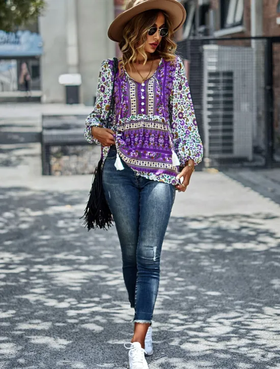 Best Women's Shirt Boho Shirt Lace Shirt Blouse Fashion Floral Lace up Print Long Sleeve Regular Tops V Neck Casual Holiday Red Navy Blue Blue Purple Green Spring & Fall Women Spring Tops|Boho Tops