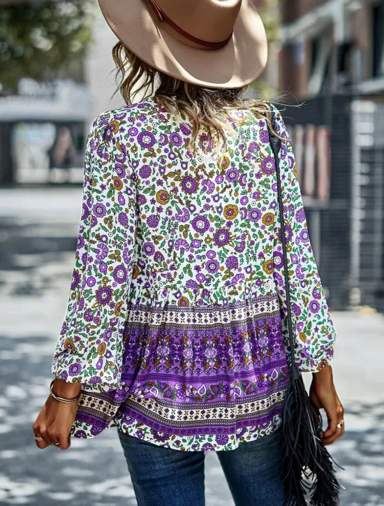 Best Women's Shirt Boho Shirt Lace Shirt Blouse Fashion Floral Lace up Print Long Sleeve Regular Tops V Neck Casual Holiday Red Navy Blue Blue Purple Green Spring & Fall Women Spring Tops|Boho Tops