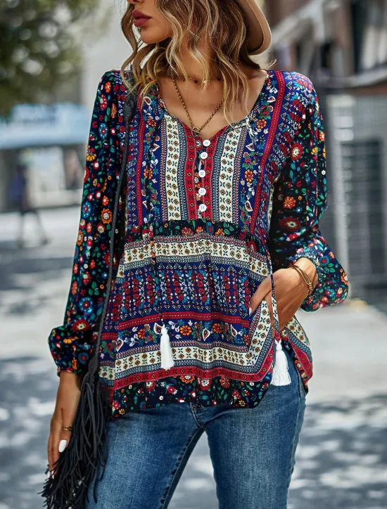 Best Women's Shirt Boho Shirt Lace Shirt Blouse Fashion Floral Lace up Print Long Sleeve Regular Tops V Neck Casual Holiday Red Navy Blue Blue Purple Green Spring & Fall Women Spring Tops|Boho Tops