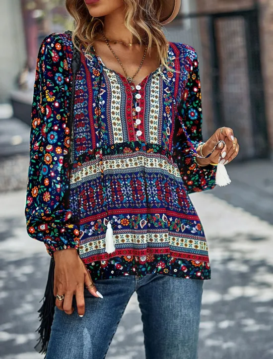 Best Women's Shirt Boho Shirt Lace Shirt Blouse Fashion Floral Lace up Print Long Sleeve Regular Tops V Neck Casual Holiday Red Navy Blue Blue Purple Green Spring & Fall Women Spring Tops|Boho Tops