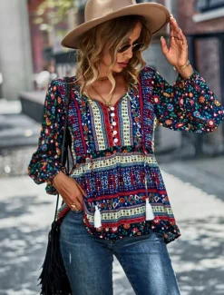 Best Women's Shirt Boho Shirt Lace Shirt Blouse Fashion Floral Lace up Print Long Sleeve Regular Tops V Neck Casual Holiday Red Navy Blue Blue Purple Green Spring & Fall Women Spring Tops|Boho Tops