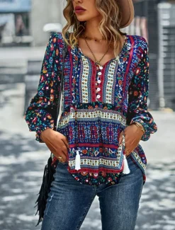 Best Women's Shirt Boho Shirt Lace Shirt Blouse Fashion Floral Lace up Print Long Sleeve Regular Tops V Neck Casual Holiday Red Navy Blue Blue Purple Green Spring & Fall Women Spring Tops|Boho Tops