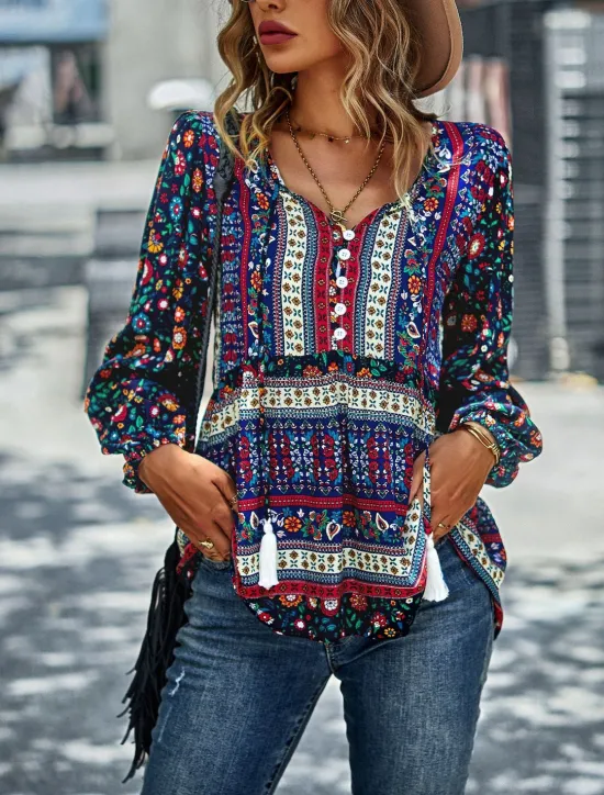 Best Women's Shirt Boho Shirt Lace Shirt Blouse Fashion Floral Lace up Print Long Sleeve Regular Tops V Neck Casual Holiday Red Navy Blue Blue Purple Green Spring & Fall Women Spring Tops|Boho Tops
