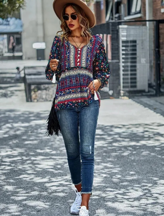 Best Women's Shirt Boho Shirt Lace Shirt Blouse Fashion Floral Lace up Print Long Sleeve Regular Tops V Neck Casual Holiday Red Navy Blue Blue Purple Green Spring & Fall Women Spring Tops|Boho Tops