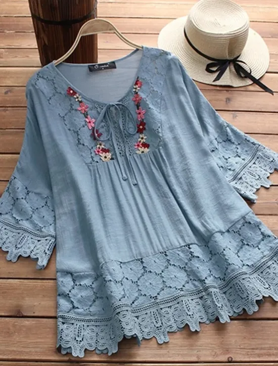 Discount Women's Shirt Boho Shirt Lace Shirt Blouse Floral Fashion Round Neck Street Daily Lace up Lace White Pink Blue Purple Green Summer Women Shirts|Boho Tops