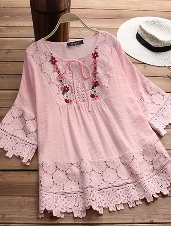Discount Women's Shirt Boho Shirt Lace Shirt Blouse Floral Fashion Round Neck Street Daily Lace up Lace White Pink Blue Purple Green Summer Women Shirts|Boho Tops
