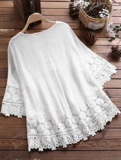 Discount Women's Shirt Boho Shirt Lace Shirt Blouse Floral Fashion Round Neck Street Daily Lace up Lace White Pink Blue Purple Green Summer Women Shirts|Boho Tops