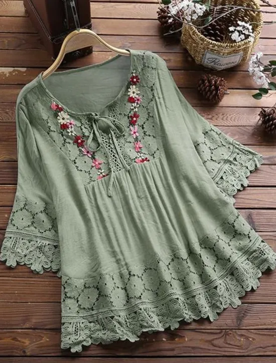 Discount Women's Shirt Boho Shirt Lace Shirt Blouse Floral Fashion Round Neck Street Daily Lace up Lace White Pink Blue Purple Green Summer Women Shirts|Boho Tops