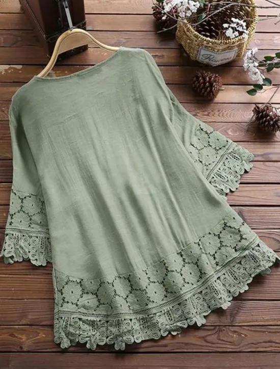 Discount Women's Shirt Boho Shirt Lace Shirt Blouse Floral Fashion Round Neck Street Daily Lace up Lace White Pink Blue Purple Green Summer Women Shirts|Boho Tops