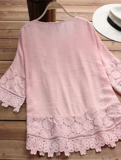 Discount Women's Shirt Boho Shirt Lace Shirt Blouse Floral Fashion Round Neck Street Daily Lace up Lace White Pink Blue Purple Green Summer Women Shirts|Boho Tops