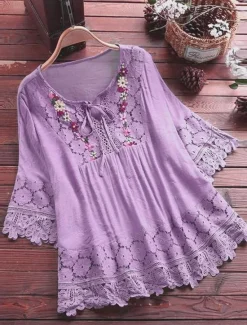 Discount Women's Shirt Boho Shirt Lace Shirt Blouse Floral Fashion Round Neck Street Daily Lace up Lace White Pink Blue Purple Green Summer Women Shirts|Boho Tops