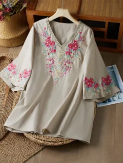 Women's Shirt Boho Shirt Linen-Inspired Shirts Dressy Tops Solid Color Floral Casual Boho 3/4 Length Sleeve Elbow Sleeve Bell Sleeve V Neck Long Tops Vacation Party Daily Embroidered Autumn Women Shirts