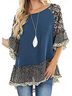Women's Shirt Boho Shirt Tunic Blouse Floral Leopard Streetwear Casual 3/4 Length Sleeve Round Neck Regular Tops Daily Weekend Ruffle Print Flowing tunic Black White Light Green Blue Fuchsia Women Boho Tops