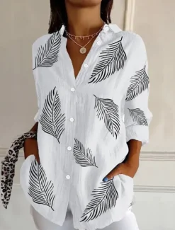 Best Women's Shirt Button Down Tunic Shirt Collar Long Sleeve Floral Graphic Geometric Casual Regular Tops Work Daily s Print White Pink Sky Blue Green Rose Pink Spring Fall Winter Women Boho Tops