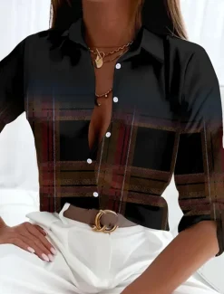 Women's Shirt Button Down Tunic Shirt Collar Long Sleeve Plaid Casual Regular Tops Work Daily s Print Spring Fall Winter Women Blouses & Shirts