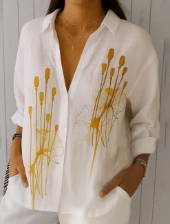 Women's Shirt Button Down Tunic Shirt Collar Long Sleeve Beach Shirt Floral Graphic Elegant Vintage Tropical Bishop Sleeve Regular Tops Daily Holiday Yellow Green Spring Women Blouses & Shirts