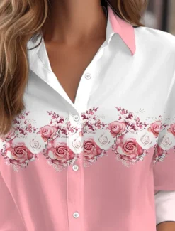 Discount Women's Shirt Button Down Tunic Shirt Collar Long Sleeve Floral Casual Regular Tops Work Daily s Print Spring Fall Winter Women Blouses & Shirts