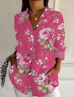 Hot Women's Shirt Button Down Tunic Shirt Collar Long Sleeve Floral Graphic Vintage Tropical Daily Regular Tops Work Daily Holiday s Print Spring Women Blouses & Shirts