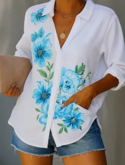 Hot Women's Shirt Button Down Tunic Shirt Collar Long Sleeve Beach Shirt Floral Graphic Elegant Vintage Tropical Bishop Sleeve Regular Tops Daily Holiday Red Blue Spring Women Blouses & Shirts