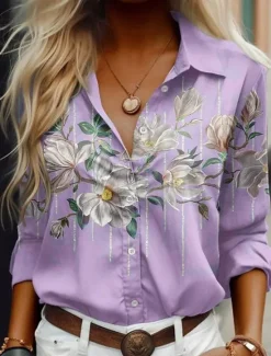 Women's Shirt Button Down Tunic Shirt Collar Long Sleeve Floral Graphic Casual Regular Tops Work Daily s Print Blue Purple Green Spring Fall Winter Women Blouses & Shirts