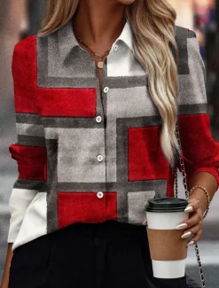 Hot Women's Shirt Button Down Tunic Shirt Collar Long Sleeve Fashion Plaid s Print Regular Tops Casual Rose Gold Red Blue Orange Green Spring & Fall Women Blouses & Shirts