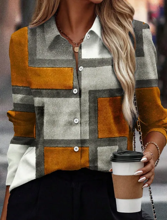 Hot Women's Shirt Button Down Tunic Shirt Collar Long Sleeve Fashion Plaid s Print Regular Tops Casual Rose Gold Red Blue Orange Green Spring & Fall Women Blouses & Shirts