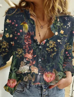 Best Women's Shirt Button Down Tunic Shirt Collar Long Sleeve Hawaiian Maroon Black Pink Graphic Floral Print Casual Vintage Regular Holiday Clothes Women Spring Tops