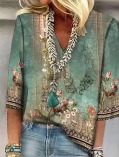 Discount Women's Shirt Button Down Blouse Floral Daily Basic 3/4 Length Sleeve V Neck Regular Tops Daily Print Summer Spring Women Spring Tops