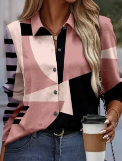 New Women's Shirt Button Down Tunic Shirt Collar Long Sleeve Fashion Color Block s Print Regular Tops Casual Pink Blue Purple Green Khaki Spring & Fall Women Blouses & Shirts