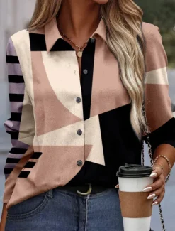 New Women's Shirt Button Down Tunic Shirt Collar Long Sleeve Fashion Color Block s Print Regular Tops Casual Pink Blue Purple Green Khaki Spring & Fall Women Blouses & Shirts