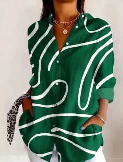 Hot Women's Shirt Button Down Tunic Shirt Collar Long Sleeve Graphic Geometric Striped Daily Stylish Casual Regular Tops Work Daily s Print White Blue Brown Green Spring Women Blouses & Shirts