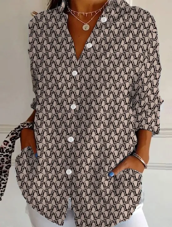 Hot Women's Shirt Button Down Tunic Shirt Collar Long Sleeve Graphic Geometric Striped Daily Stylish Casual Regular Tops Work Daily s Print White Blue Brown Green Spring Women Blouses & Shirts