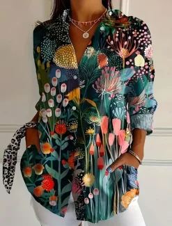 Hot Women's Shirt Button Down Tunic Shirt Collar Long Sleeve Graphic Geometric Striped Daily Stylish Casual Regular Tops Work Daily s Print White Blue Brown Green Spring Women Blouses & Shirts