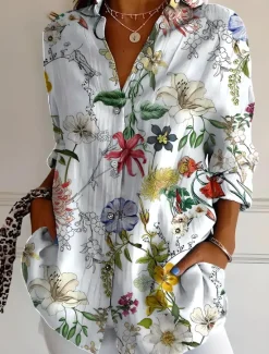 Discount Women's Shirt Button Down Tunic Shirt Collar Long Sleeve Ombre Floral Graphic Vintage Tropical Stylish Regular Tops Work Daily s Print White Pink Red Green Beige Spring Fall Women Blouses & Shirts
