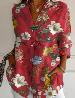 Discount Women's Shirt Button Down Tunic Shirt Collar Long Sleeve Ombre Floral Graphic Vintage Tropical Stylish Regular Tops Work Daily s Print White Pink Red Green Beige Spring Fall Women Blouses & Shirts
