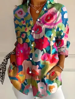 Discount Women's Shirt Button Down Tunic Shirt Collar Long Sleeve Ombre Floral Graphic Vintage Tropical Stylish Regular Tops Work Daily s Print White Pink Red Green Beige Spring Fall Women Blouses & Shirts