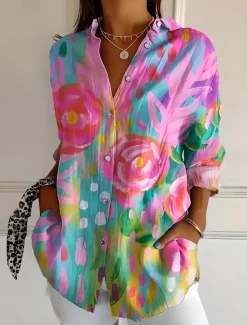 Discount Women's Shirt Button Down Tunic Shirt Collar Long Sleeve Ombre Floral Graphic Vintage Tropical Stylish Regular Tops Work Daily s Print White Pink Red Green Beige Spring Fall Women Blouses & Shirts