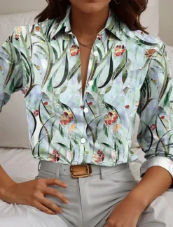 Women's Shirt Button Down Tunic Shirt Collar Long Sleeve Floral Casual Regular Tops Work Daily s Print Pink Red Blue Green Spring Fall Winter Women Spring Tops